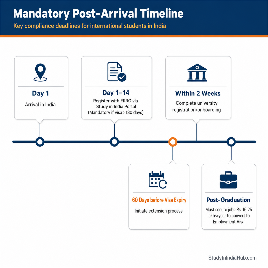 StudyInIndiaHub.com — Mandatory Post-Arrival Timeline