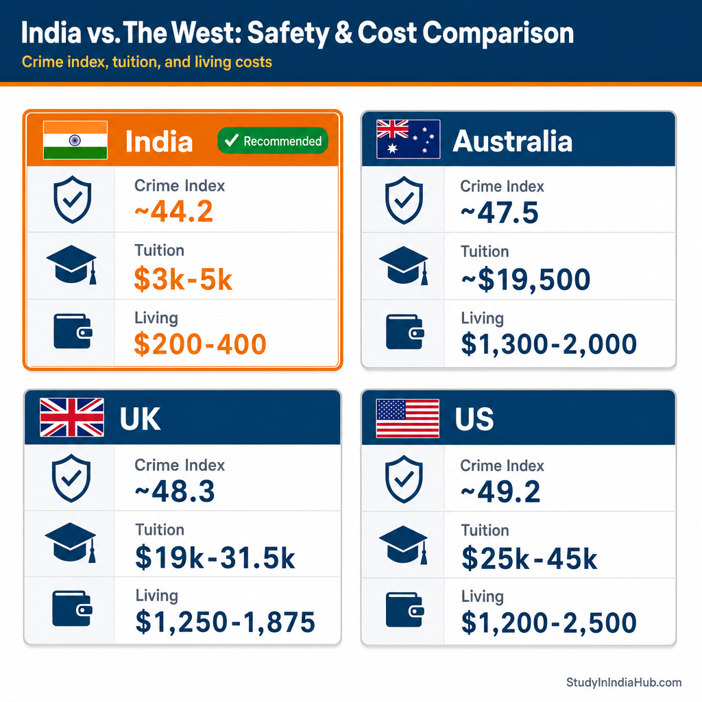 StudyInIndiaHub.com — India vs. The West: Safety & Cost Comparison