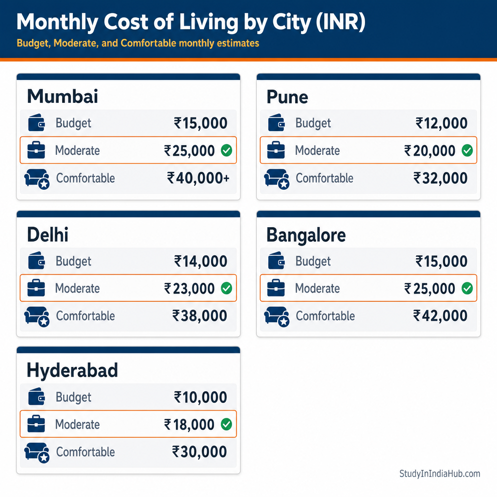 StudyInIndiaHub.com — Monthly Cost of Living by City (INR)