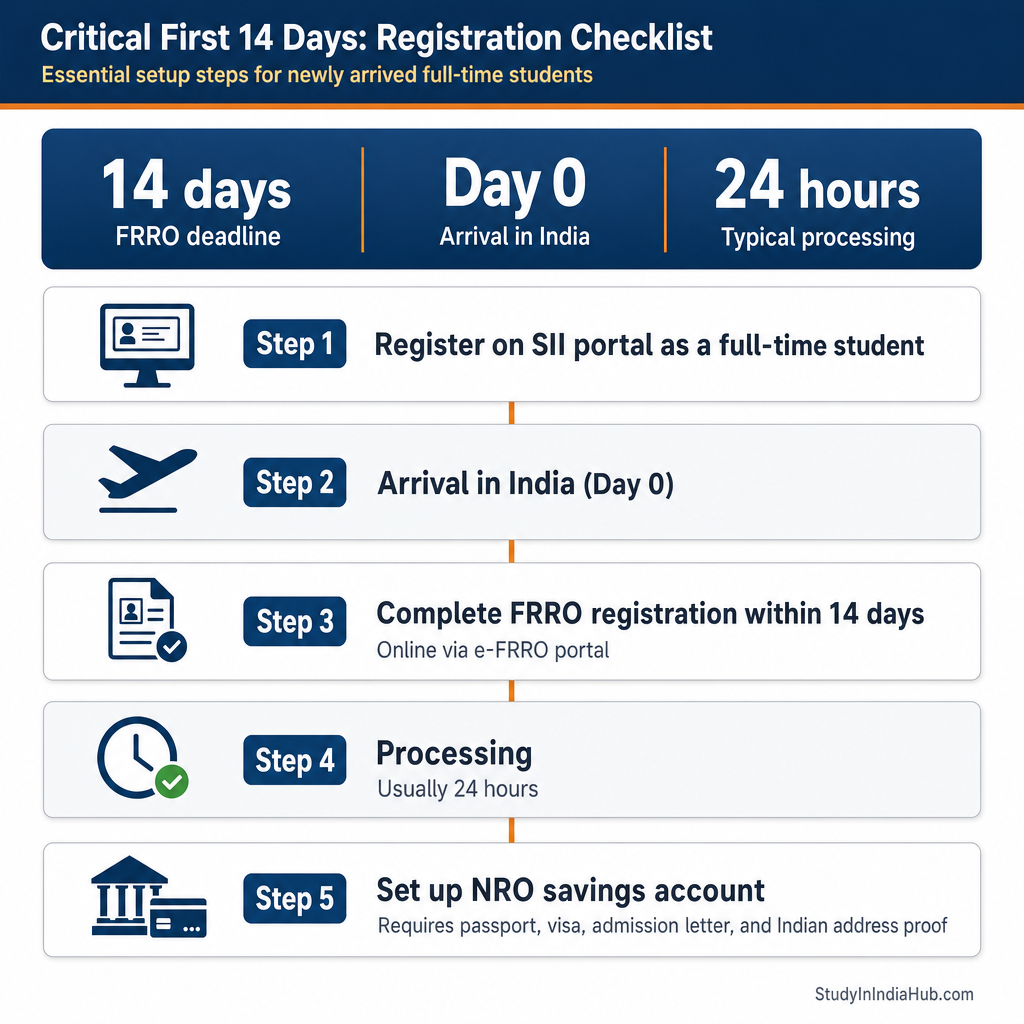 StudyInIndiaHub.com — Critical First 14 Days: Registration Checklist