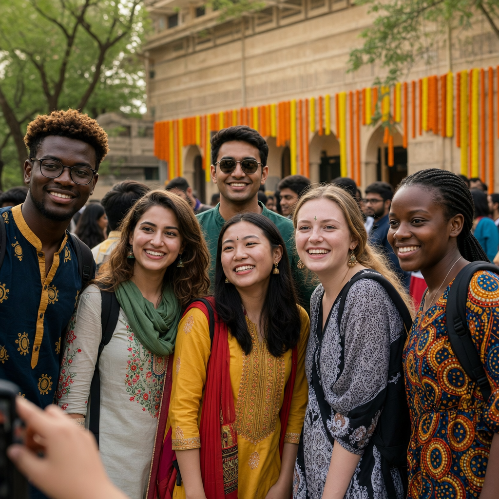 International students gathered on an Indian university campus during a cultural fest