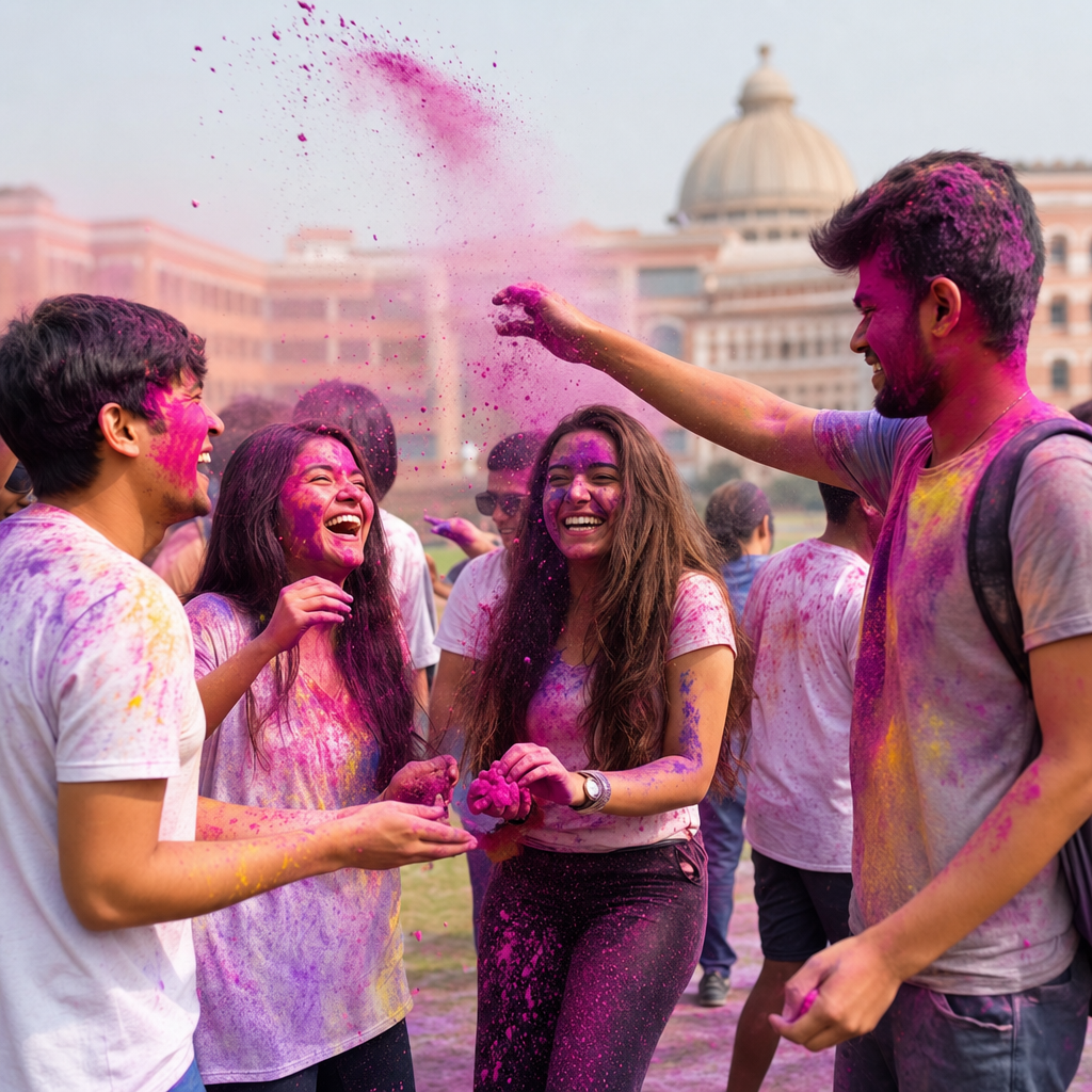 International students playing Holi with colored powder on campus