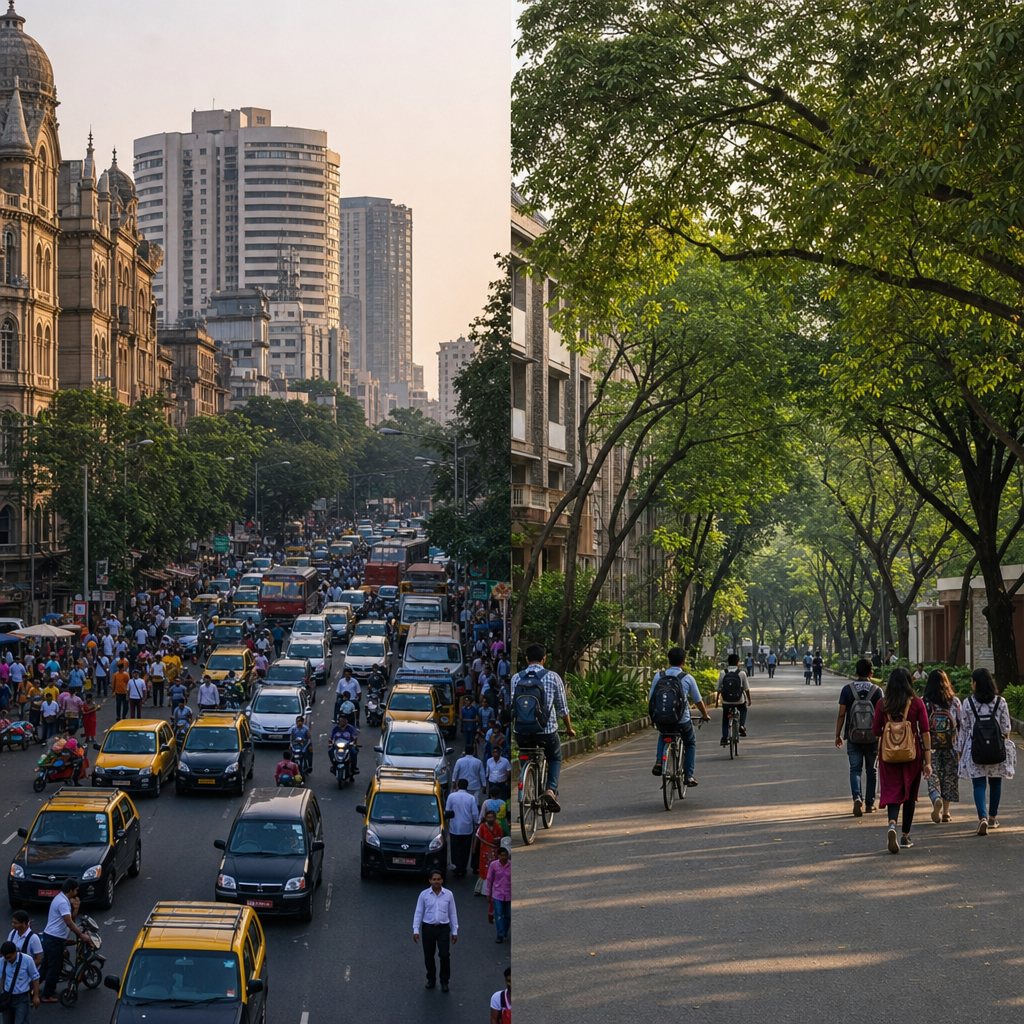 Split view of Mumbai's busy streets and Pune's quieter campus district