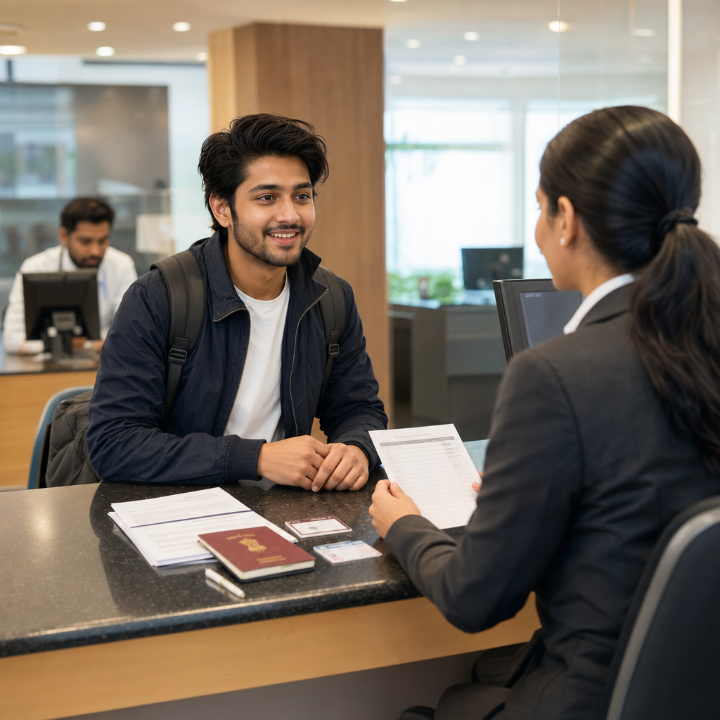 Student opening an NRO bank account with required documents on the counter